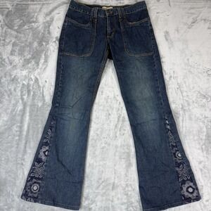 Fever Jeans mid-rise flare denim jeans floral embroidery on the lower leg Sz 33